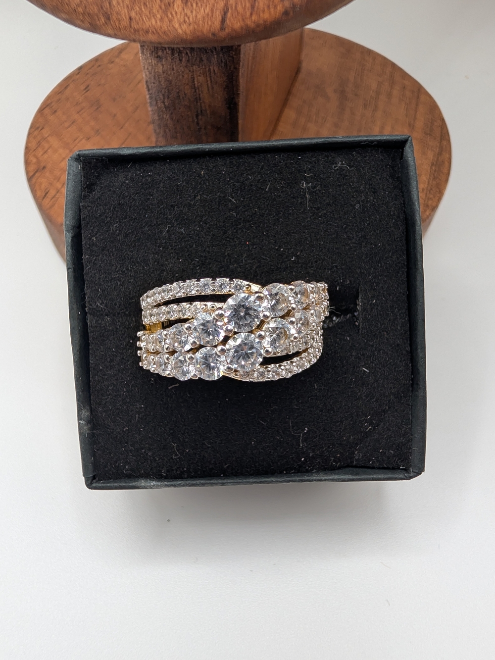 Diamonique 14K Gold Clad Multi Row Cluster Statement Ring Size 8 NWOT